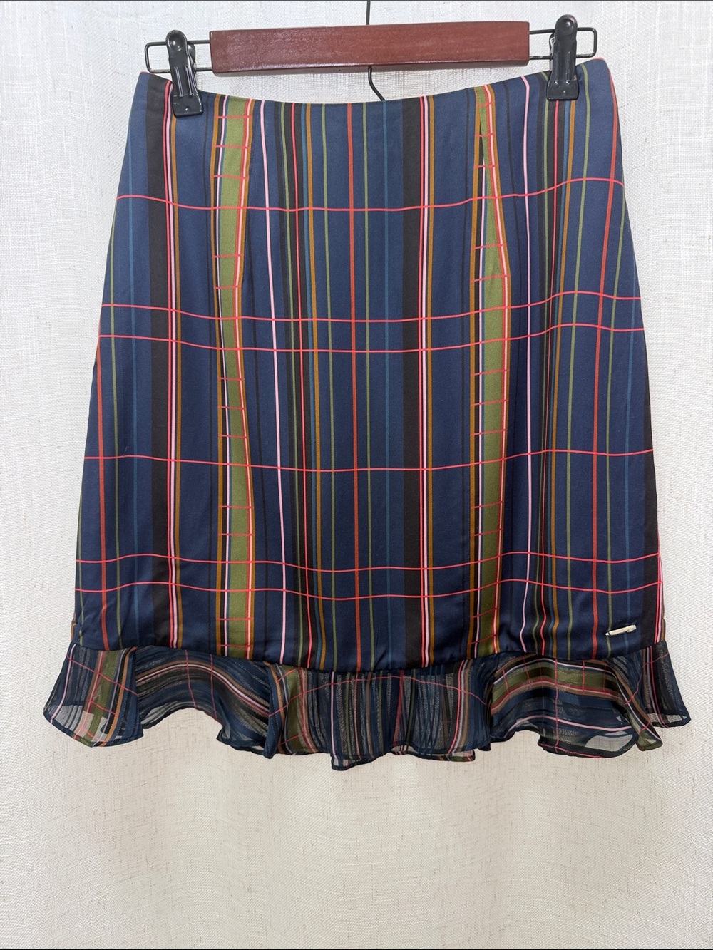 Ted Baker Navy Multi-Stripe Ruffled Hem Women's Skirt Size 2 Excellent Condition